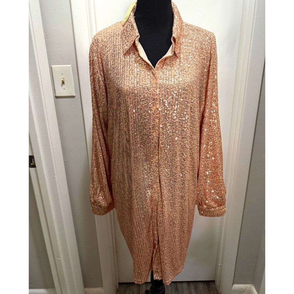 Jodifl 1X Pink Sequin Long Sleeve Collared Button Shirt Dress Knee